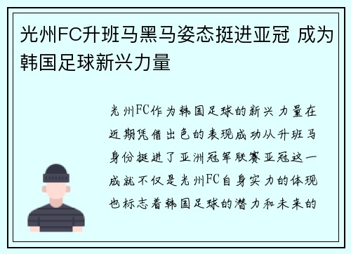 光州FC升班马黑马姿态挺进亚冠 成为韩国足球新兴力量