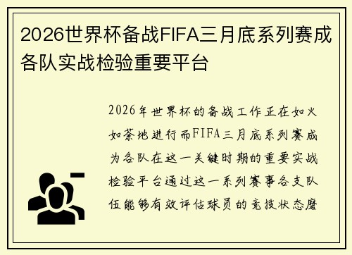 2026世界杯备战FIFA三月底系列赛成各队实战检验重要平台