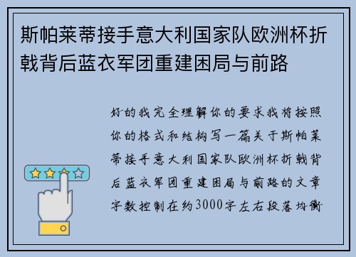 斯帕莱蒂接手意大利国家队欧洲杯折戟背后蓝衣军团重建困局与前路