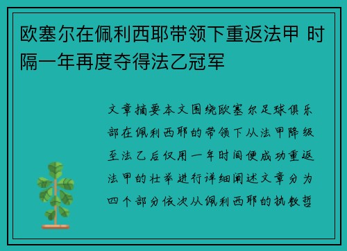 欧塞尔在佩利西耶带领下重返法甲 时隔一年再度夺得法乙冠军